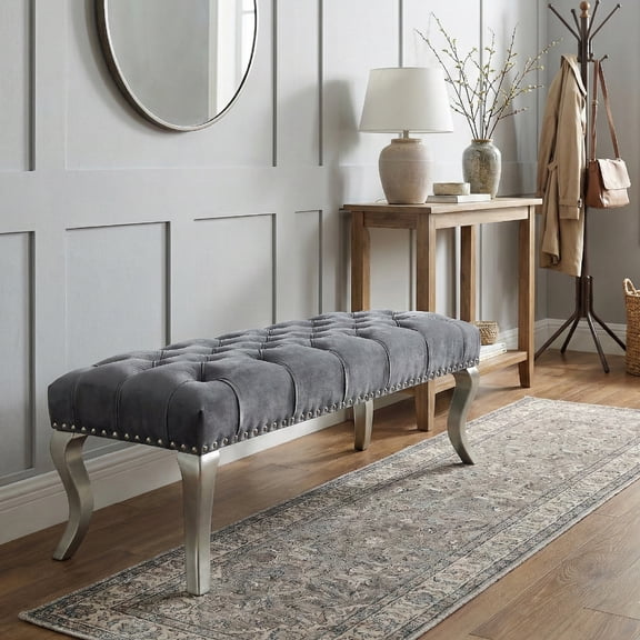 Roundhill Furniture Decor Maxem Fabric Upholstered Bench with Nailhead Gray