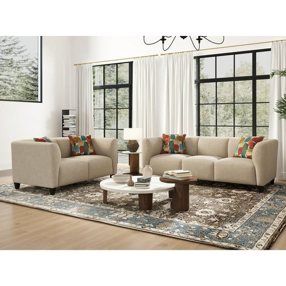 Roundhill Furniture Della 2-Piece Living Room Set, Sofa and Loveseat, Beige