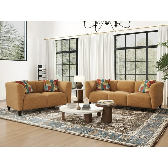 Roundhill Furniture Della 2-Piece Living Room Set, Sofa and Loveseat, Yellow