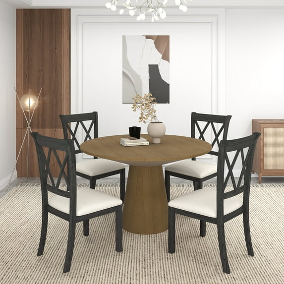 Roundhill Furniture Delta 5-Piece Round Dining Set, Pedestal Dining Table with 4 Cross-back Chairs, Driftwood