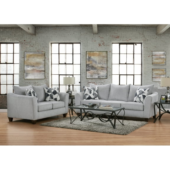 Roundhill Furniture Duleek 2-Piece Living Room Set, Sofa and Loveseat, Herringbone Silver