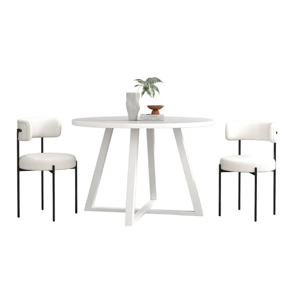 Roundhill Furniture Durban 3-Pc Round Dining Set, Trestle Dining Table with 2 Boucle Chairs