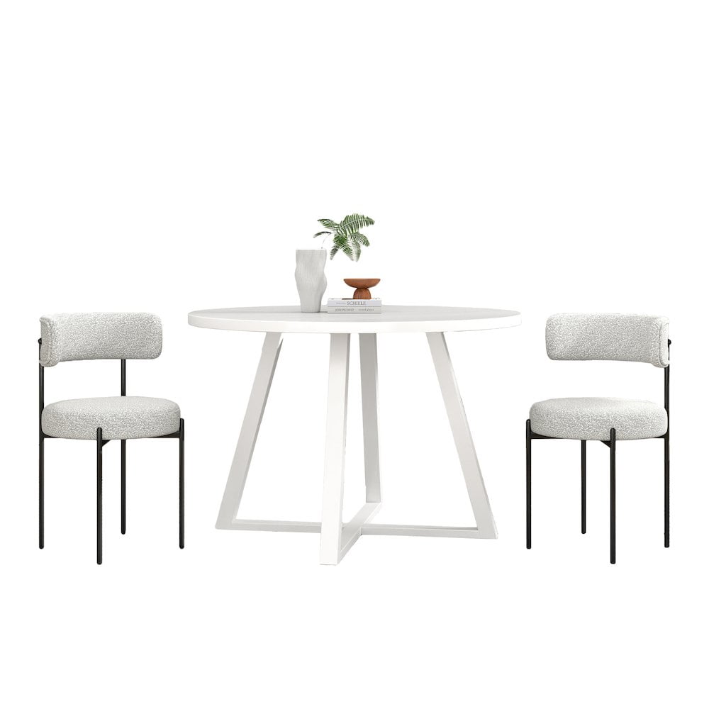 White Round Rubberwood Dining Table with 2 Boucle Chairs