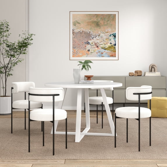 Roundhill Furniture Durban 5-Piece Round Dining Set, Trestle Dining Table with 4 Boucle Chairs, White