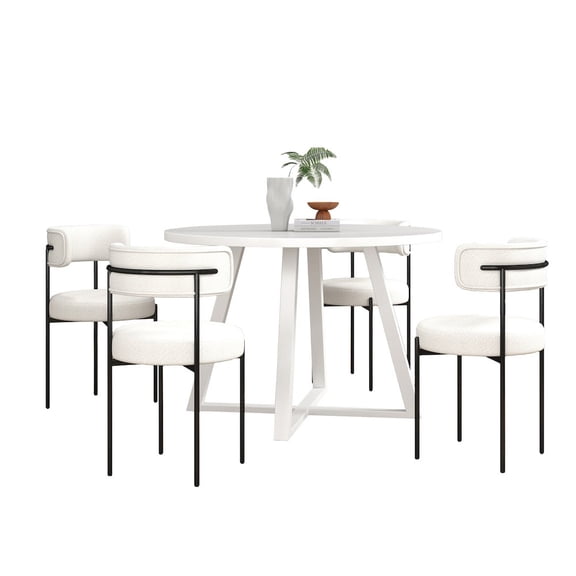 Roundhill Furniture Durban 5-Pc Round Dining Set, Trestle Dining Table with 4 Boucle Chairs