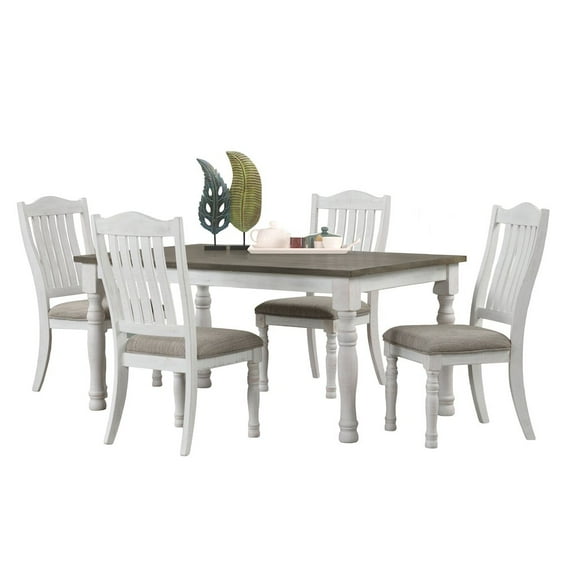 Roundhill Furniture Ebret Farmhouse 5-Piece Two-tone Distressed Dining Set, Brown and White