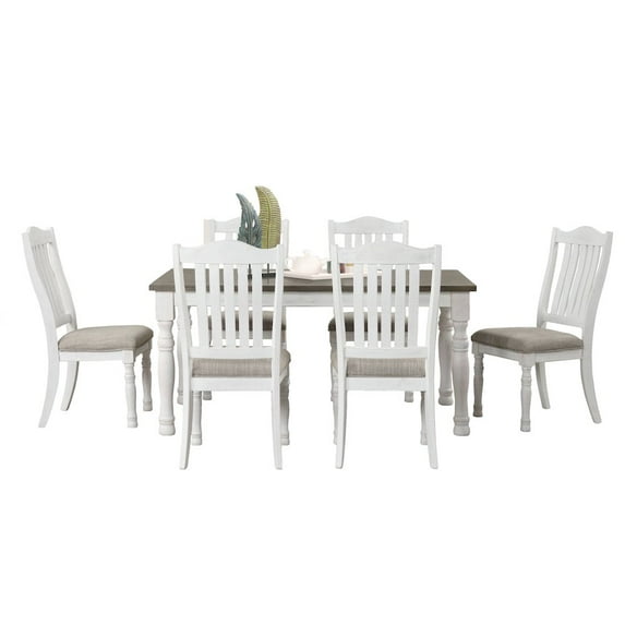 Roundhill Furniture Ebret Farmhouse 7-Piece Two-tone Distressed Dining Set, Brown and White