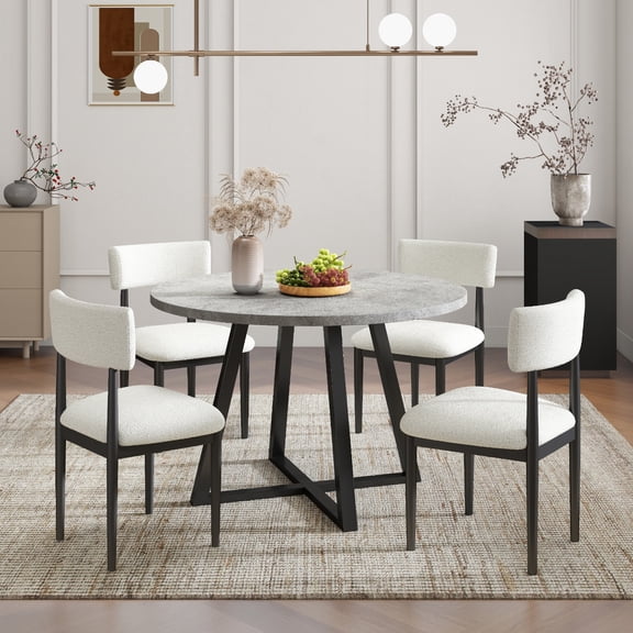 Roundhill Furniture Edo 5-Piece Dining Set, Round Trestle Table and 4 Upholstered Chairs, Gray and Black