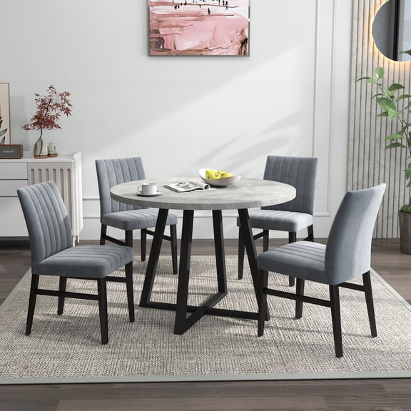Roundhill Furniture Edo 5-Piece Dining Set, Round Trestle Table and 4 Upholstered Chairs, Gray