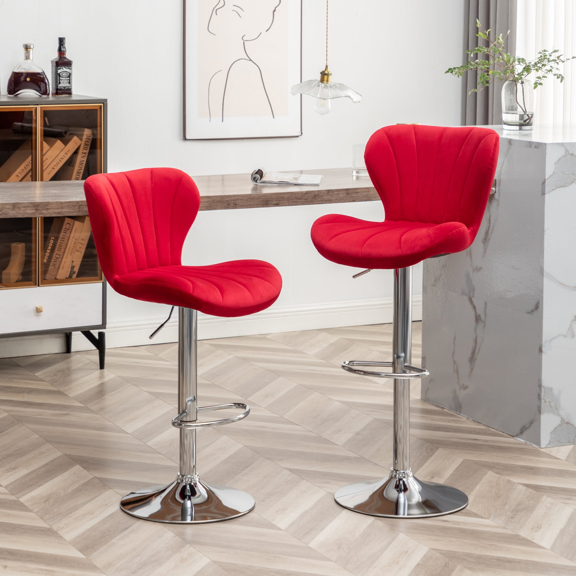 Ellston Red Velvet Adjustable Swivel Barstools with Chrome Base, Set of 2