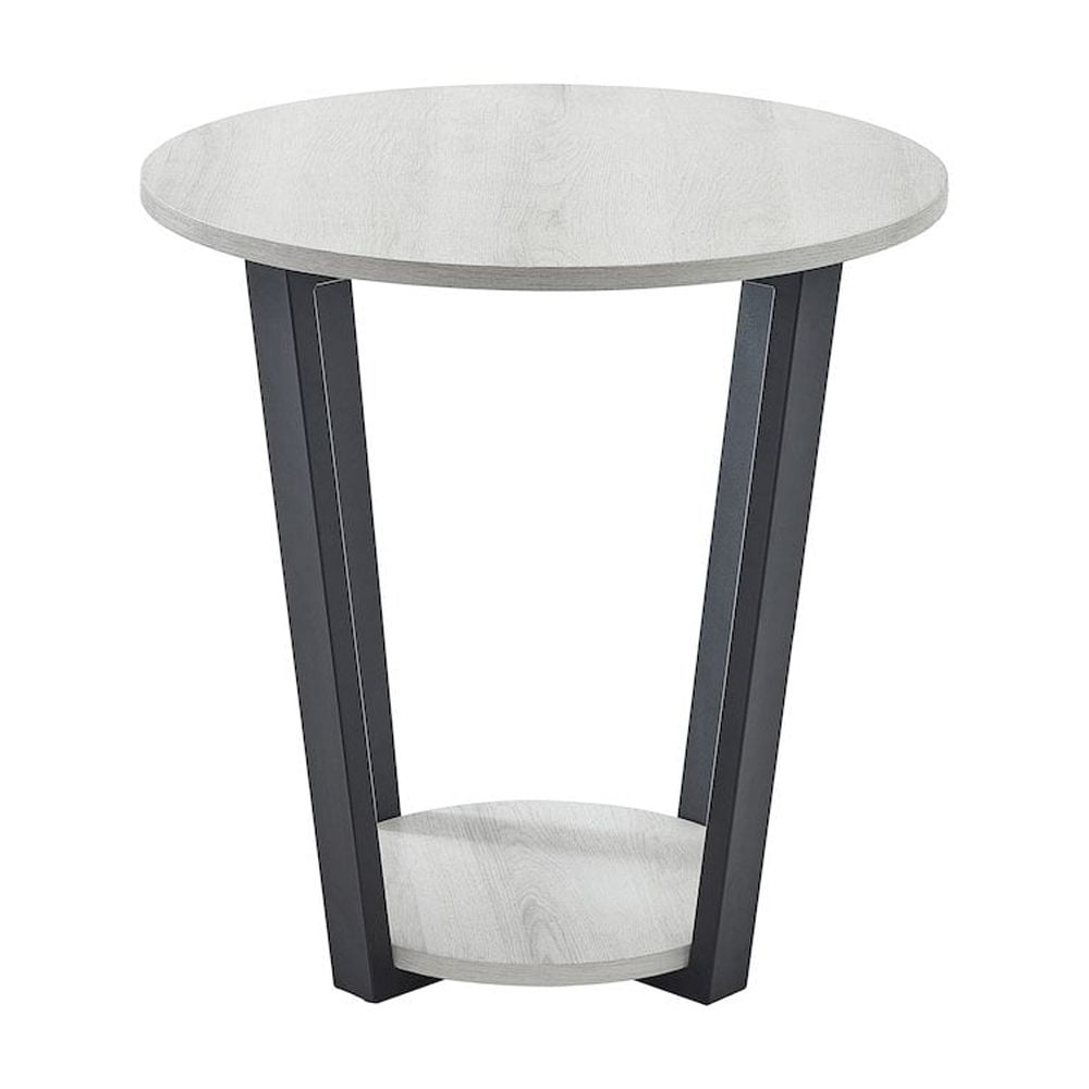 Off-White Round Wood End Table with Shelf