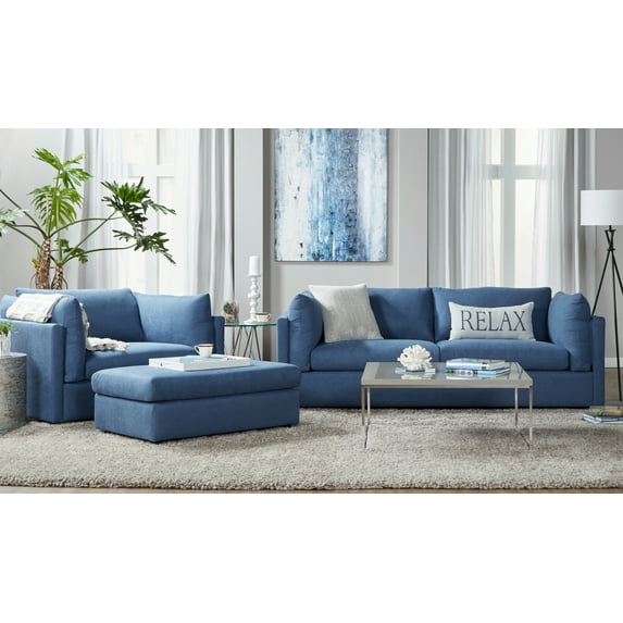 Roundhill Furniture Enda Pillow Back Fabric 3-Piece Sofa and Cuddler Chair Set, Image Navy