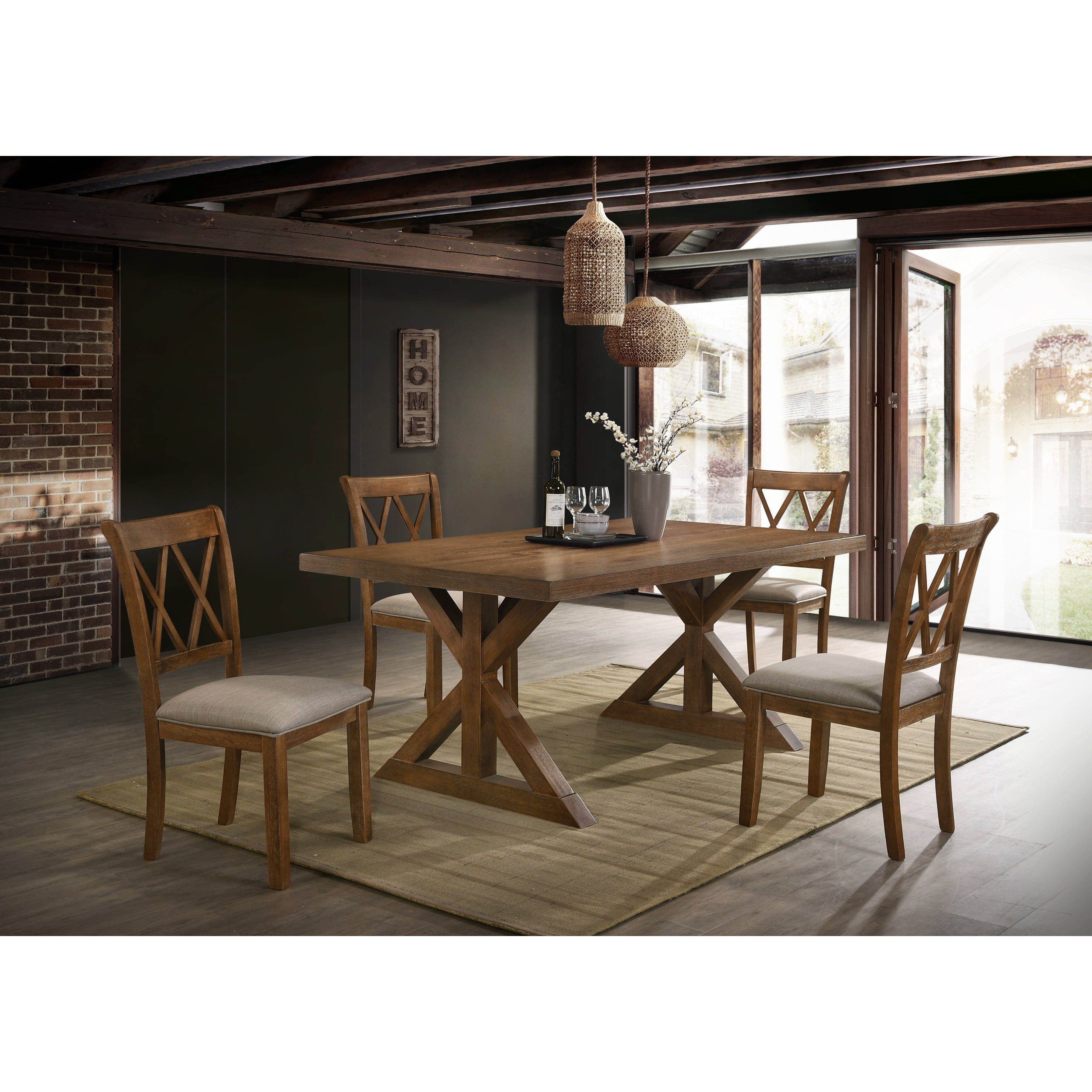 Enna Rustic Brown Wood 5-Piece Trestle Dining Set