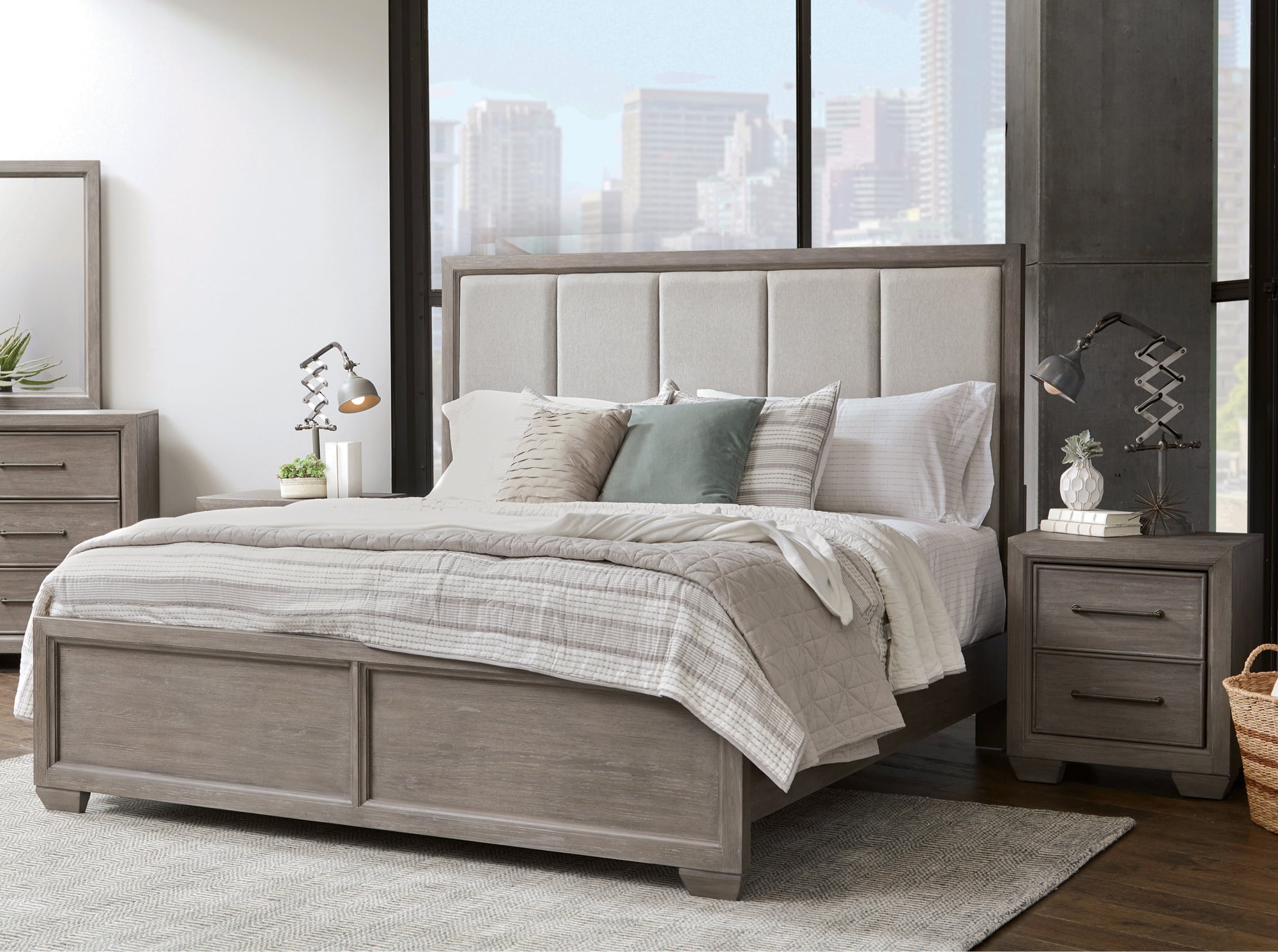 Gray Wood Upholstered Panel King Bed with Nightstands