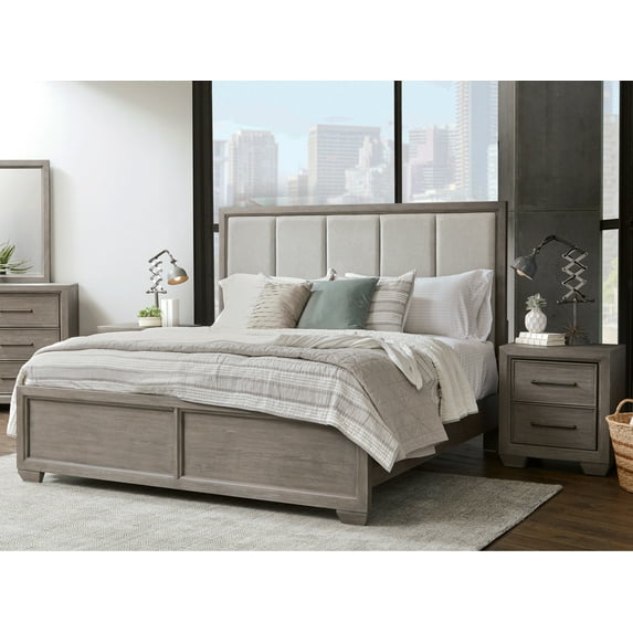 Roundhill Furniture Ennesley 3-Piece Gray Wood Bedroom Set, Upholstered Panel Queen Bed and 2 Nightstands