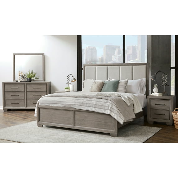 Roundhill Furniture Ennesley 5-Piece Upholstered King Bedroom Set, Gray / Beige