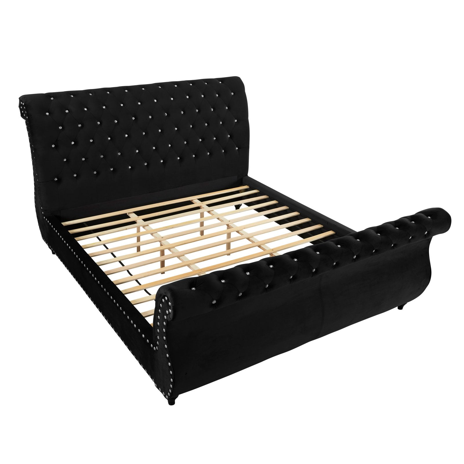 Queen Black Velvet Tufted Upholstered Sleigh Bed with Nailhead Trim