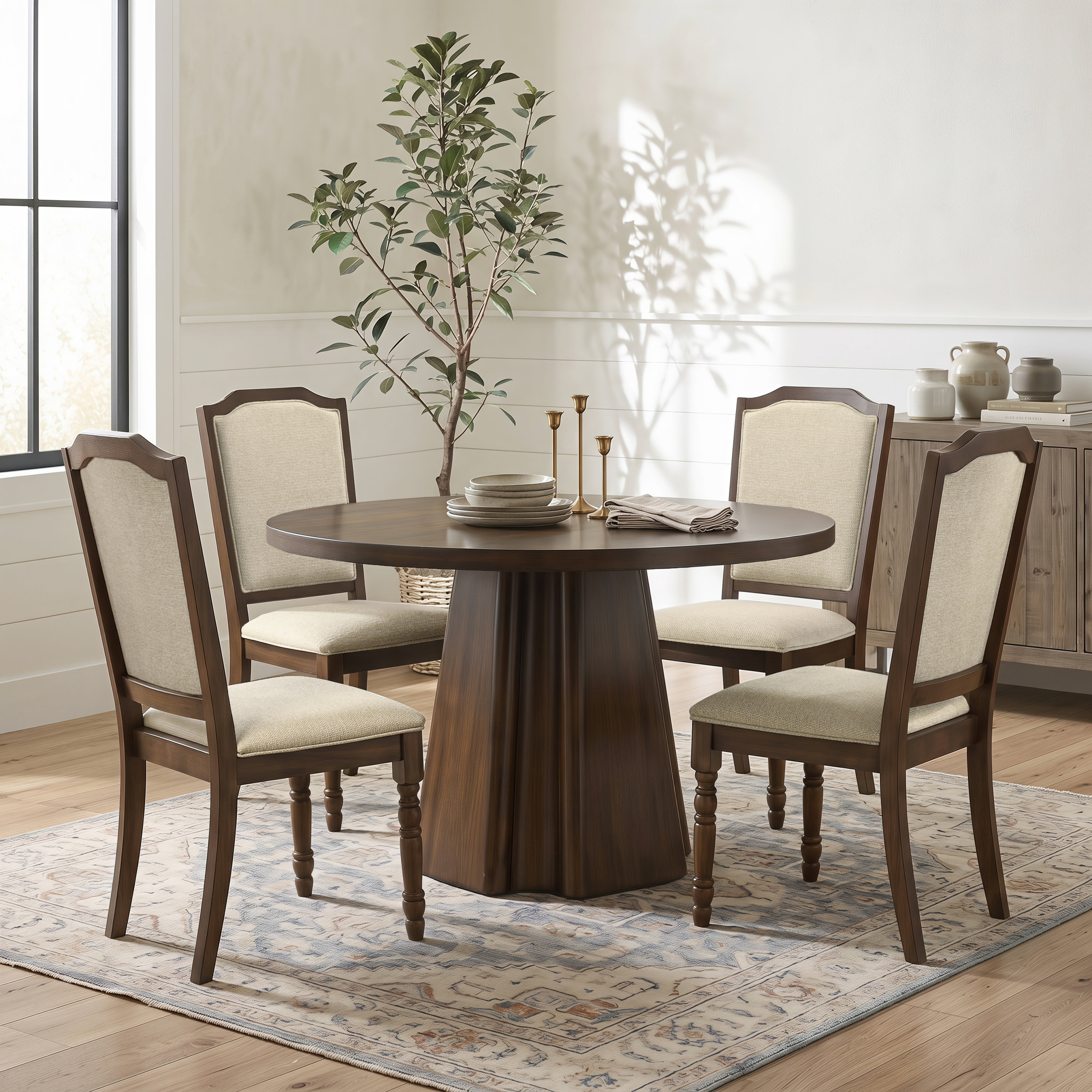 Roundhill Furniture Fantail 5-Piece Dining Set, Round Dining Table with 4 Iris Chairs, Walnut Finish