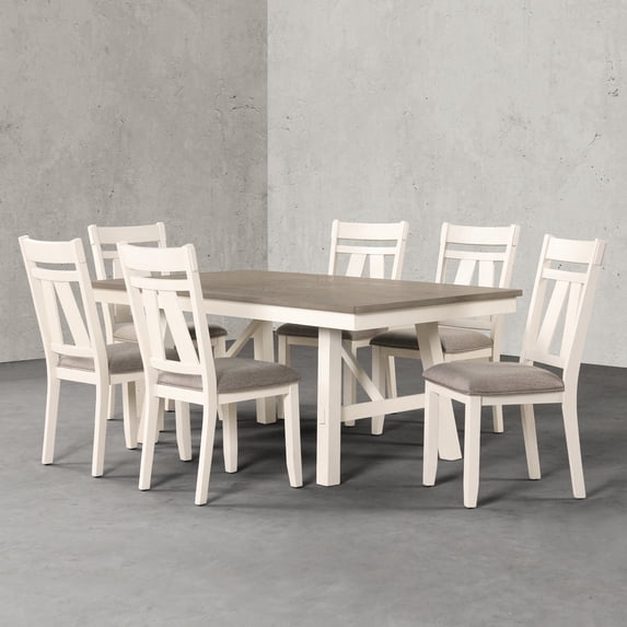 Roundhill Furniture Fasena 7 Piece Farmhouse Rubberwood Dining Table Set, Rustic gray/Off white