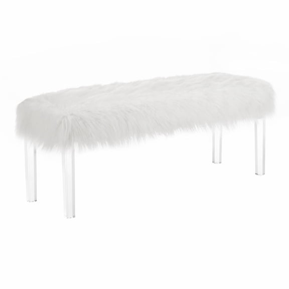 Roundhill Furniture Faux Fur Living Room Bench in White/Clear Acrylic Legs
