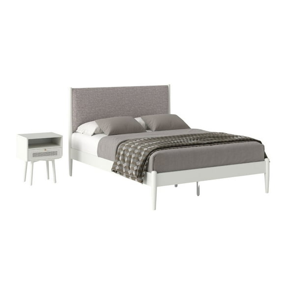 Roundhill Furniture Feeney 2-Piece Bedroom Set, Platform Bed with Nightstand, Cream White, Queen