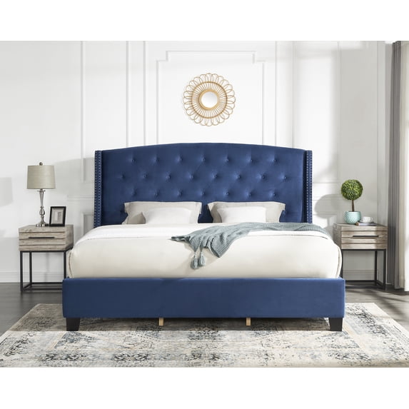 Roundhill Furniture Fentina 3-Piece Upholstered Bedroom Set, Tufted Wingback Bed with Two Gray Nightstands, King