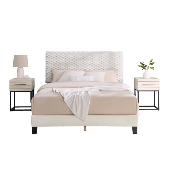 Roundhill Furniture Findlay 3Pc Bedroom Set, Plush 3D Upholstered Bed with 2 Nightstands, Full