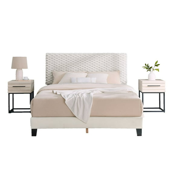 Roundhill Furniture Findlay 3Pc Bedroom Set, Plush 3D Upholstered Bed with 2 Nightstands, Queen