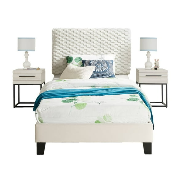 Roundhill Furniture Findlay 3Pc Bedroom Set, Plush 3D Upholstered Bed with 2 Nightstands, Twin