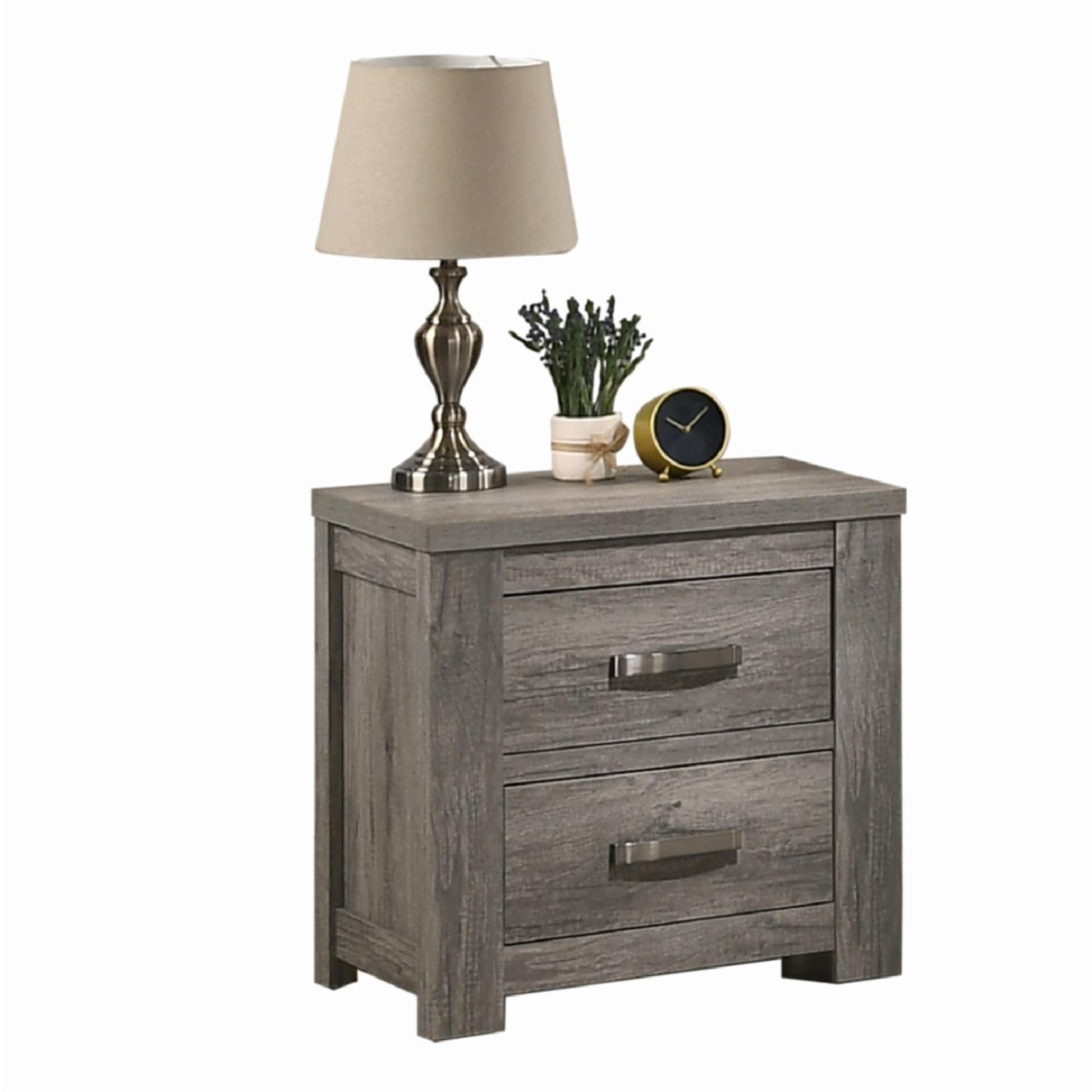 Weathered Gray Wood Two-Drawer Nightstand with Brushed Nickel Pulls