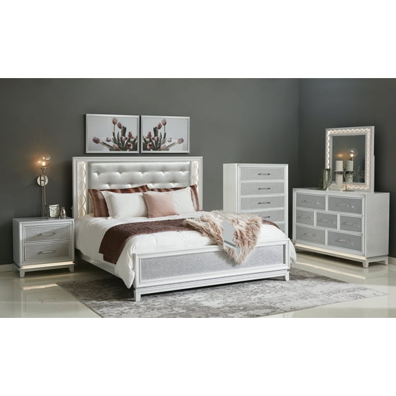 Roundhill Furniture Galaxy 5-Piece Bedroom Set with LED Lights, Tufted Bed, Dresser, Mirror, Nightstand, and Chest in Pearlized White, Queen