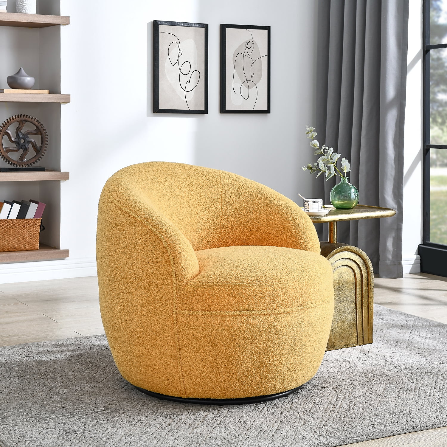 Roundhill Furniture Galleria 360 Swivel Teddy Sherpa Barrel Chair, Yellow
