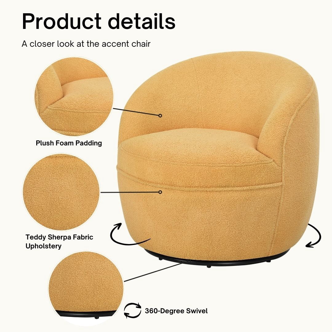 Roundhill Furniture Galleria 360 Swivel Teddy Sherpa Barrel Chair, Yellow