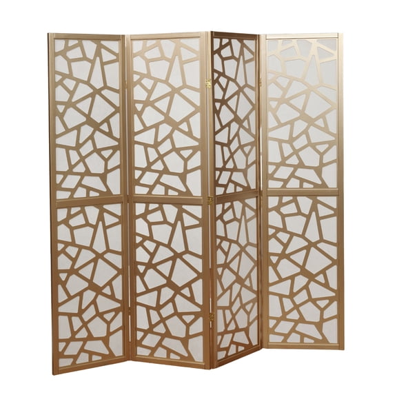 Roundhill Furniture Giyano 4 Panel Wood Frame Room Divider, 70.3" Tall, Gold