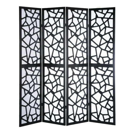 Roundhill Furniture Giyano Rice Paper/Wood 4-Panel Screen Room Divider in Black