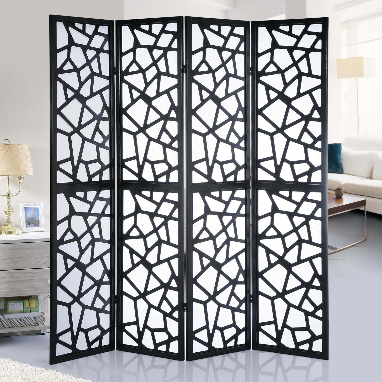 Roundhill Furniture Giyano Rice Paper/Wood 4Panel Screen Room Divider in Black