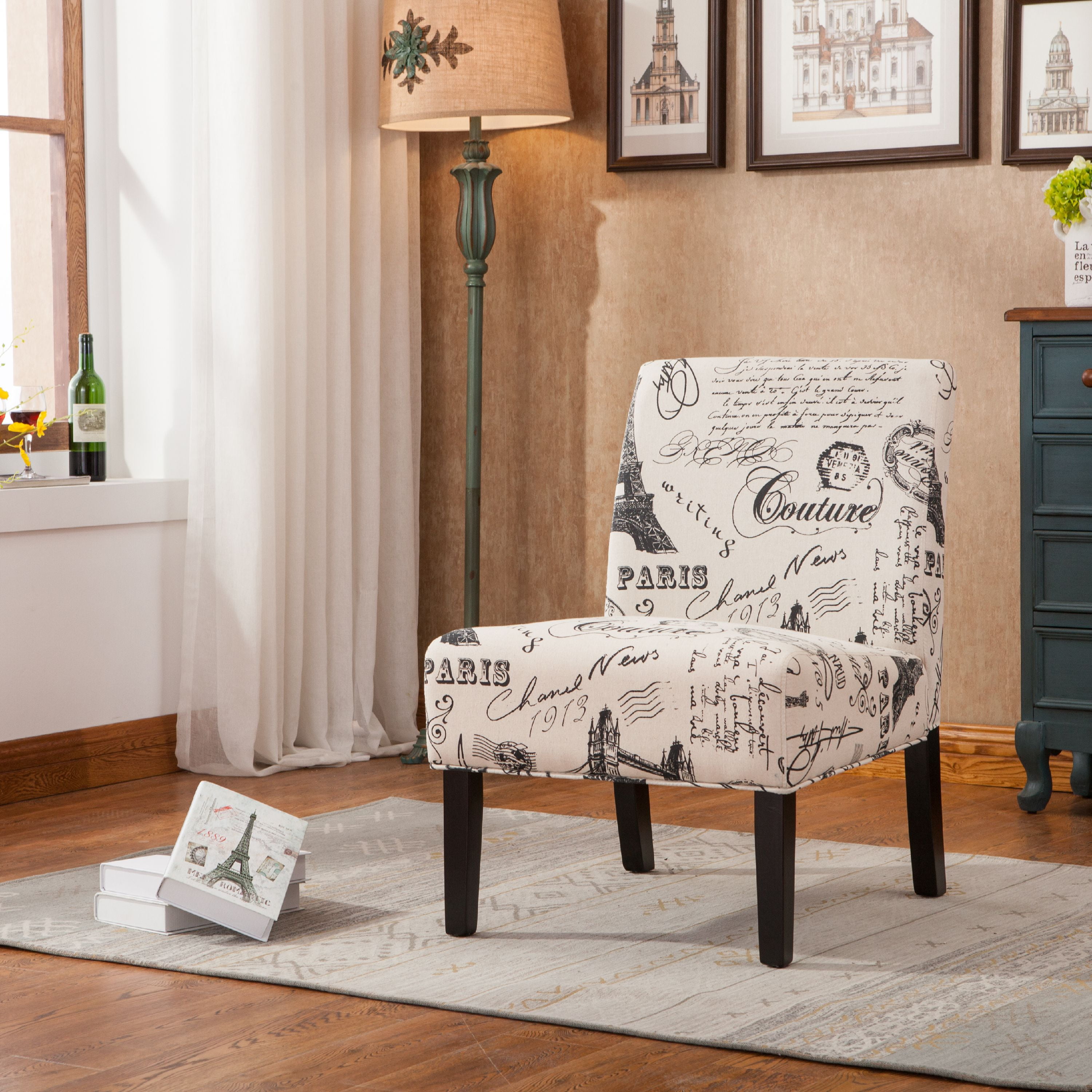Roundhill Furniture Goodale Script Linen Print Fabric Armless