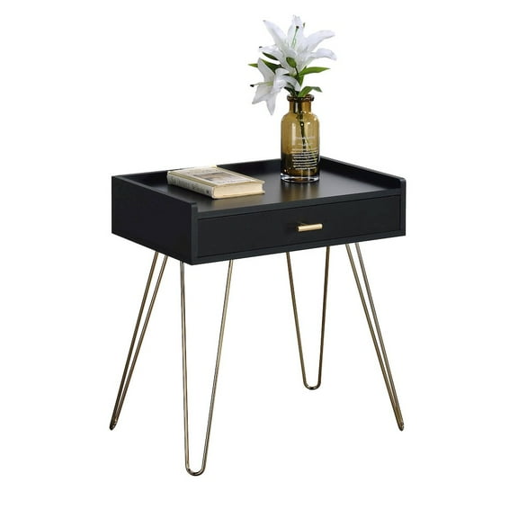 Roundhill Furniture Hailey 1-Drawer Wood End Table in Black/Gold Metal Legs