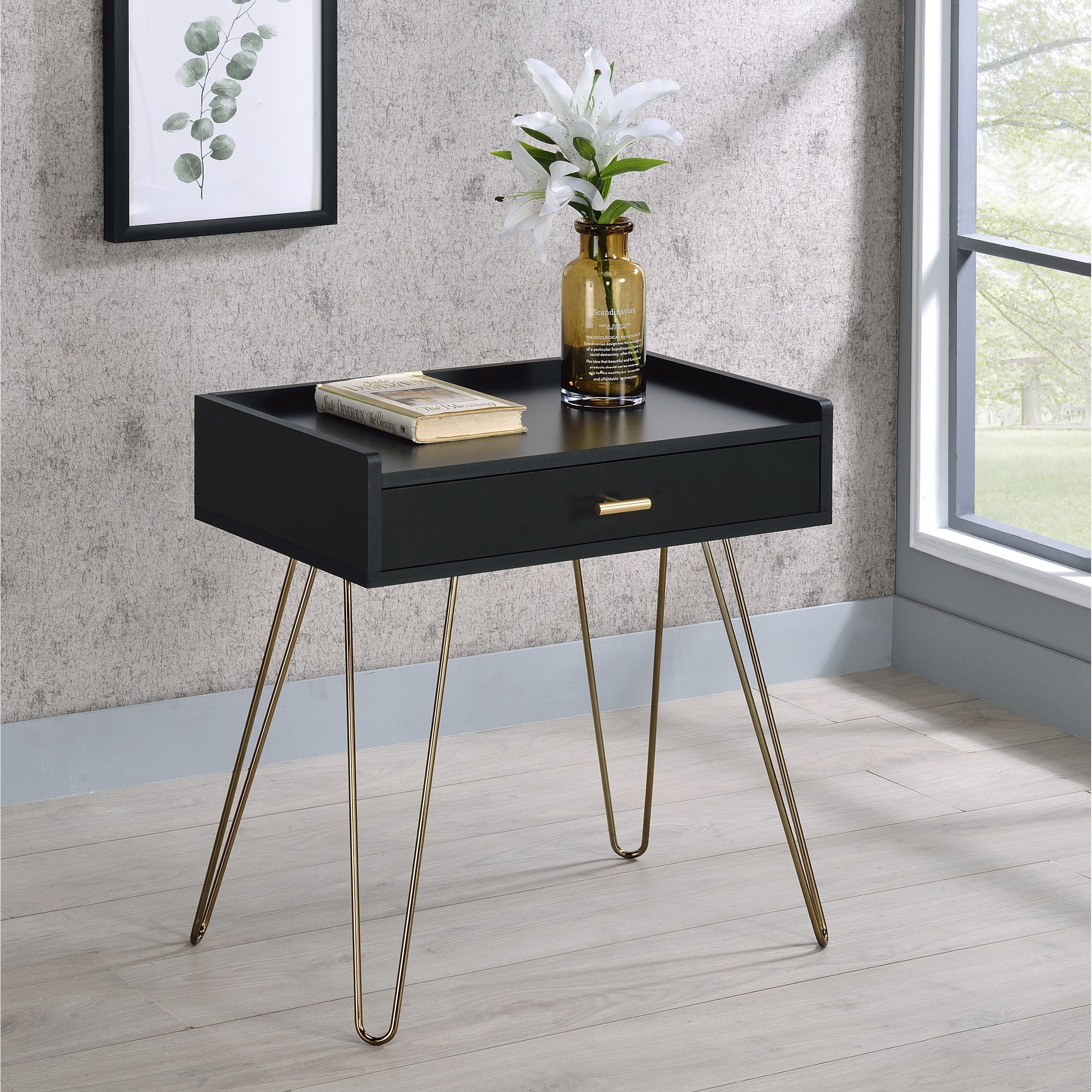 Hailey Black and Gold Wood Storage End Table with Metal Hairpin Legs