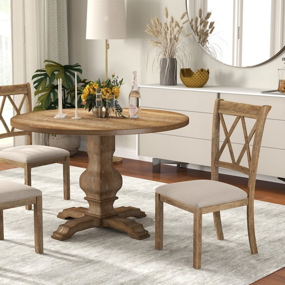 Roundhill Furniture Havre Dining Set, Pedestal Round Table with 4 Chairs