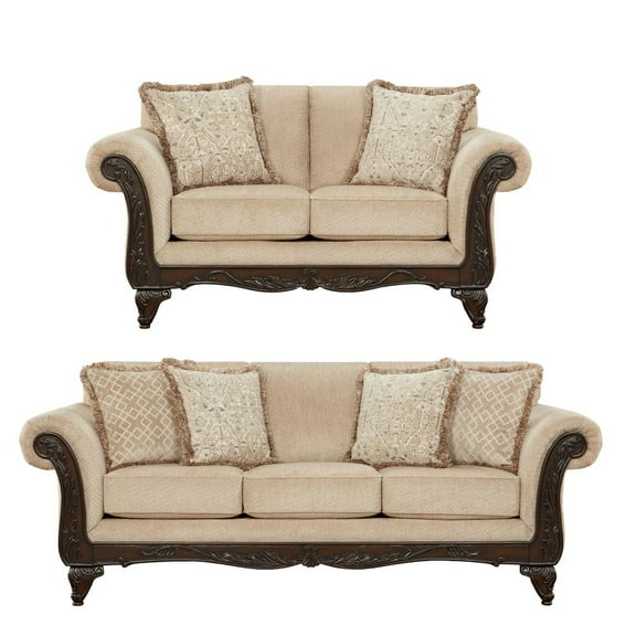 Roundhill Furniture Hernen 2-Piece Living Room Set, Carved Wood Frame Sofa and Loveseat, Emma Wheat