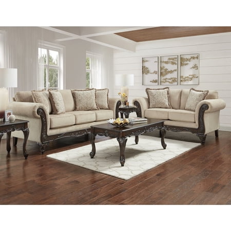 Roundhill Furniture Hernen 2-Piece Living Room Set, Carved Wood Frame Sofa and Loveseat, Emma Wheat