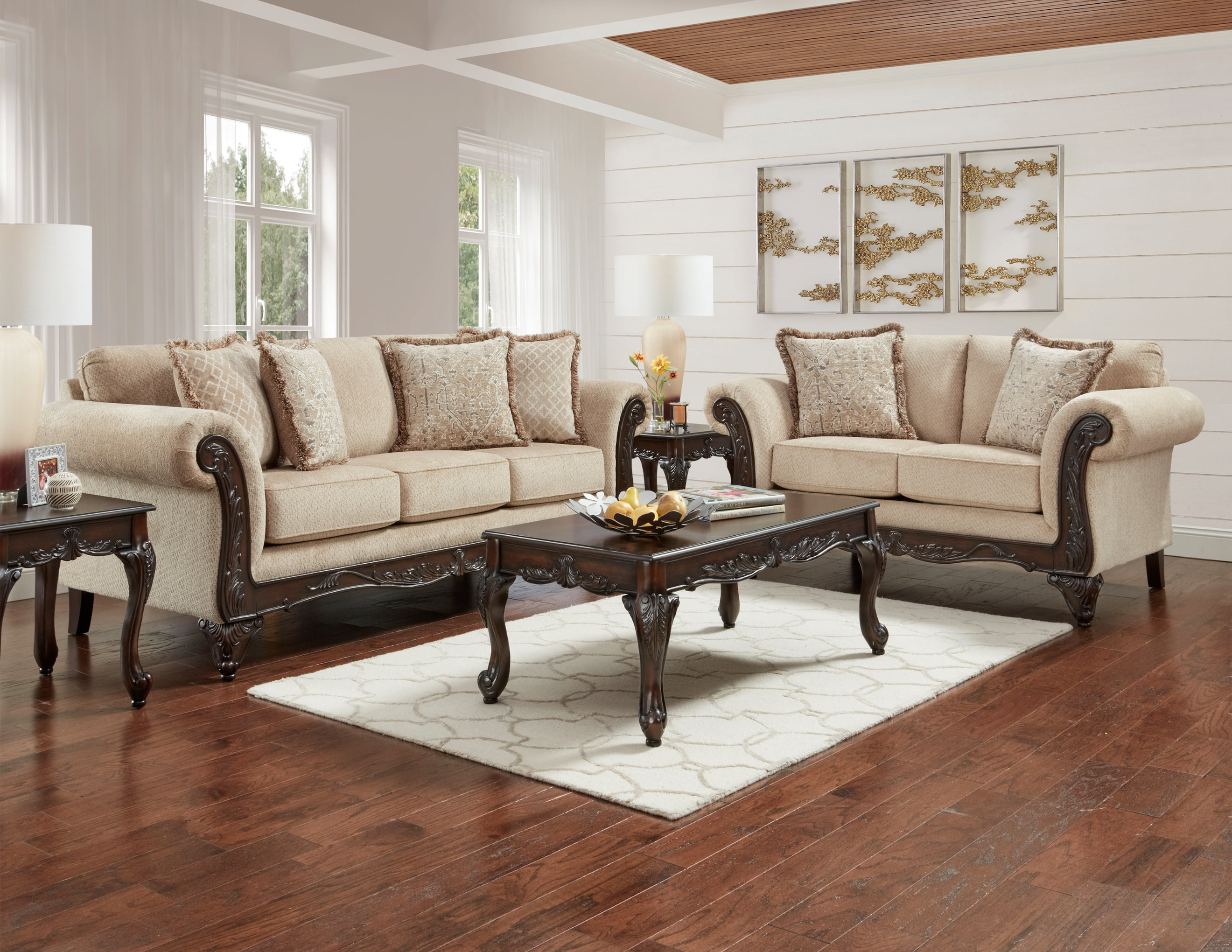 Hernen Beige Wheat Carved Wood Frame Sofa and Loveseat Set