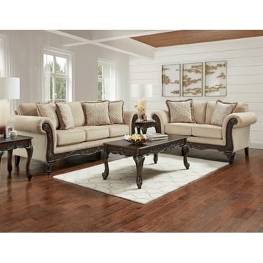 Roundhill Furniture Hernen 2-Piece Living Room Set, Carved Wood Frame Sofa and Loveseat, Emma Wheat