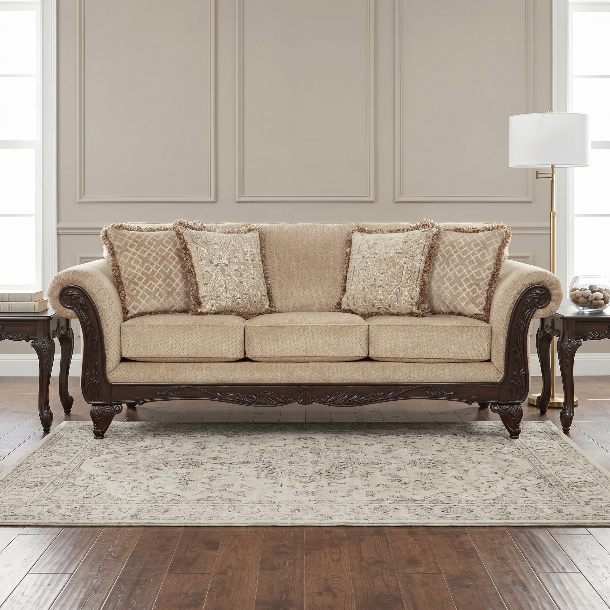 Roundhill Furniture Hernen Carved Wood Frame Sofa, Emma Wheat