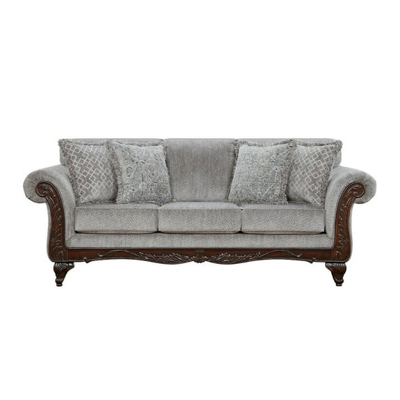 Roundhill Furniture Hernen Carved Wood Frame Gray Sofa
