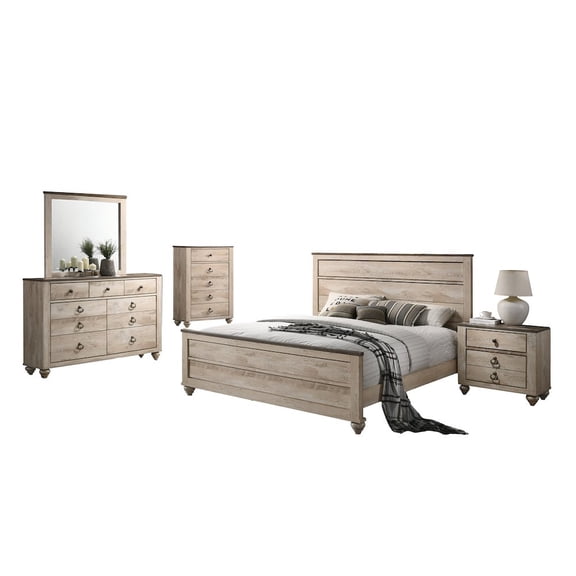 Roundhill Furniture White Wash Finish Bedroom Set, King Bed, Dresser, Mirror, Nightstand and Chest