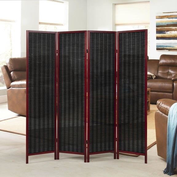 Roundhill Furniture Inkwell 4-Panel Bamboo Room Divider, Folding Portable Partition Screen, Black with Red Frame