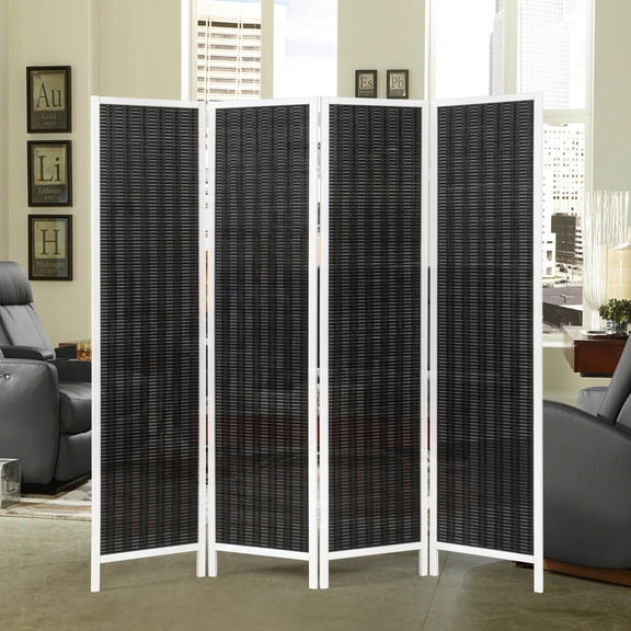Roundhill Furniture Inkwell 4-Panel Bamboo Room Divider, Folding Portable Partition Screen, Black with White Frame