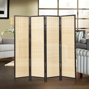 Roundhill Furniture Inkwell 4-Panel Bamboo Room Divider, Folding Portable Partition Screen, Natural with Black Frame